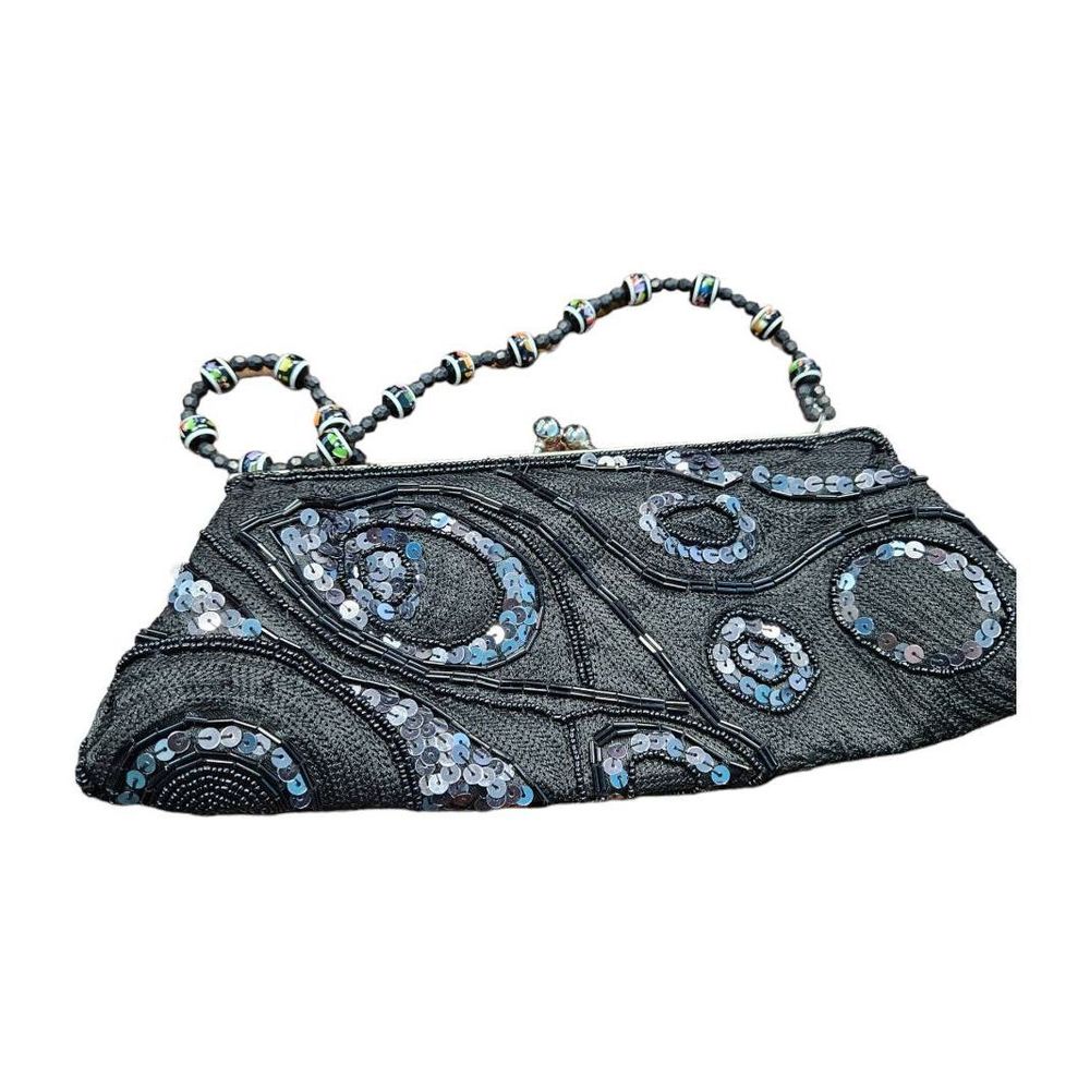 Vintage 80's Beaded Envelope Clasp Purse Sequined Swirl - Picture 4 of 7